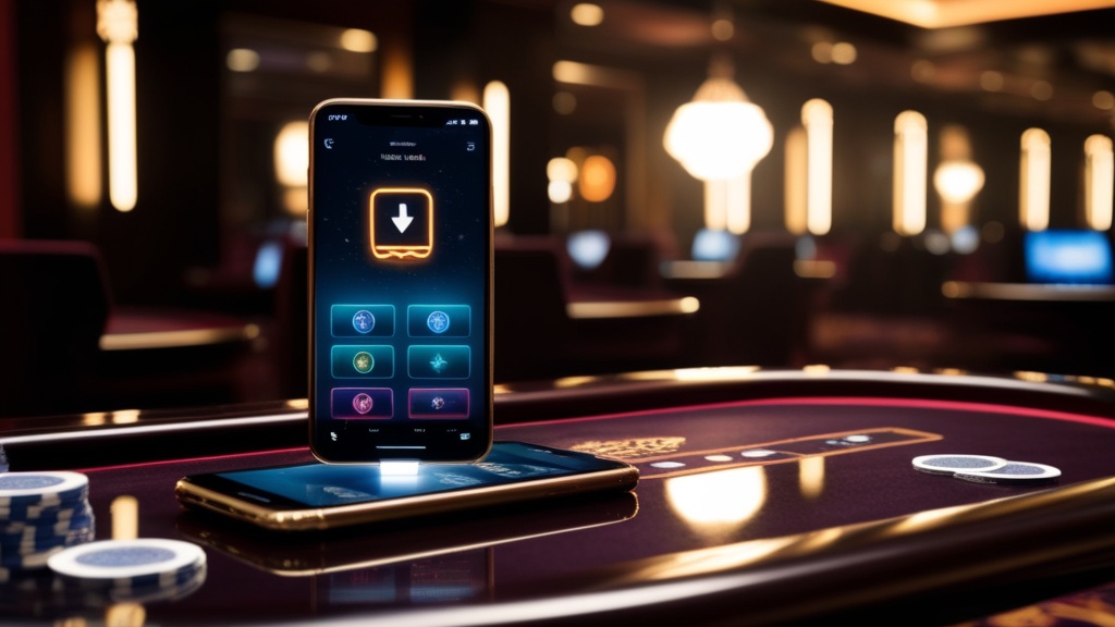 Smartphone on a casino table showing a glowing app download icon