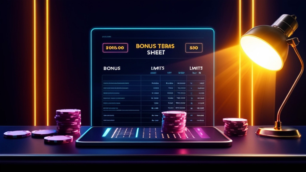 Casino desk showing a bonus terms sheet and limit table