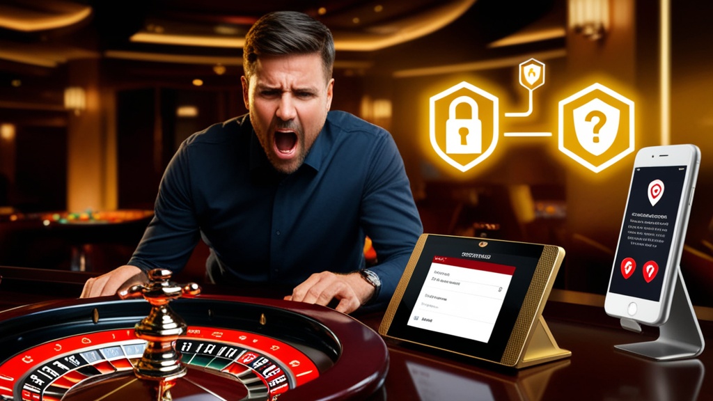 Login-Fehlerbildschirm neben Smartphone und Sicherheitsicons in einem dunklen Casino