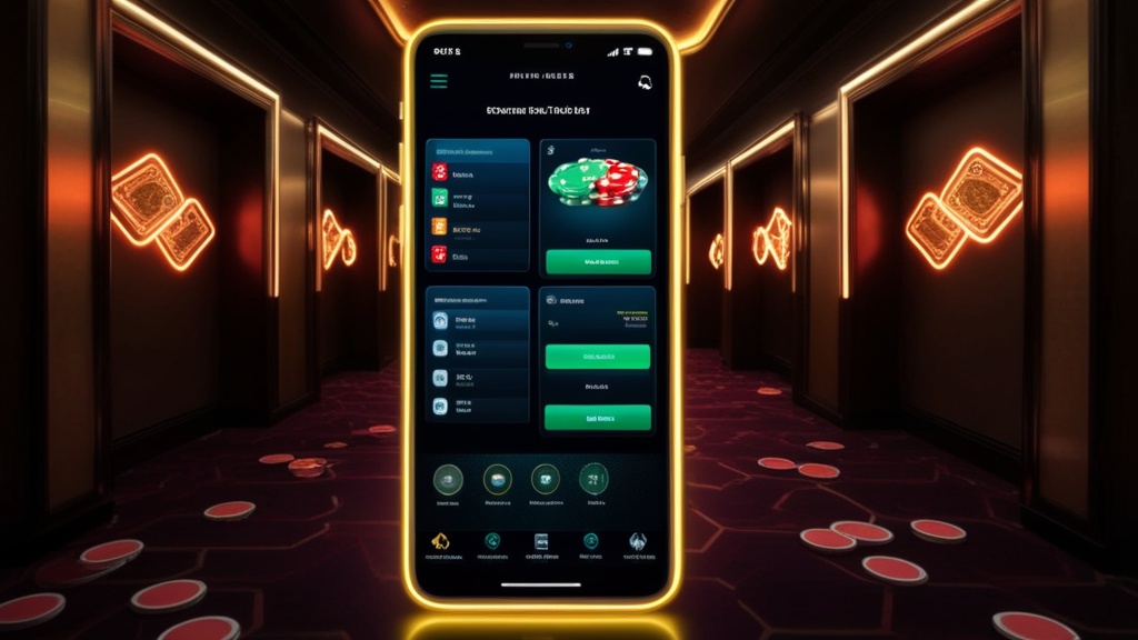 Mobile app interface displayed on a smartphone in a dark casino scene
