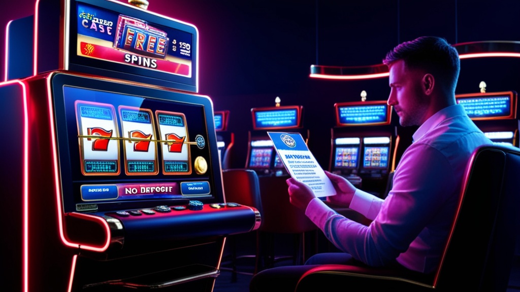 Player reading no deposit bonus rules beside a glowing slot machine