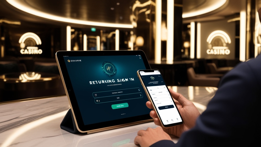 Tablet zeigt Anmelde- und Login-Optionen in einer luxuriösen Casino-Lounge