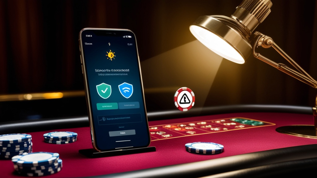 Smartphone with update and permission symbols in a casino-style setting
